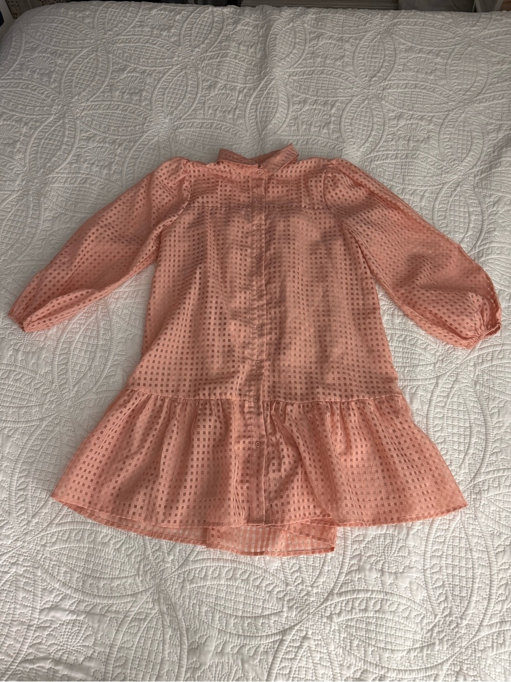 Pleated Eyelet Long-Sleeve Tiered Dress in Peach